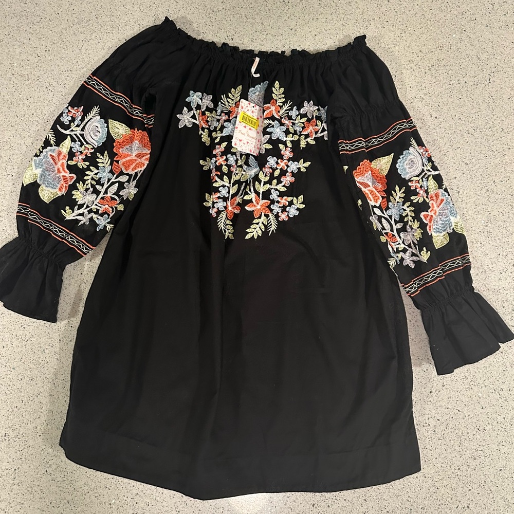 Free People Black Embroidered Floral Off-Shoulder Mini Dress Tunic XS